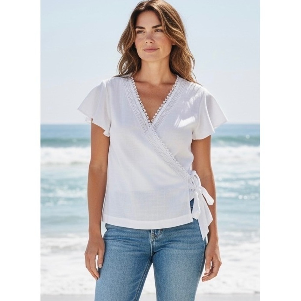 Counterparts Lace Trim Wrap Top Womens Sz XL White Cottagecore Coastal Fairycore